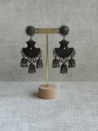 Ayura Designs Mahfar Earrings – Oxidised Silver Jhumkas with Sunburst Tops & Triple Dome Drops