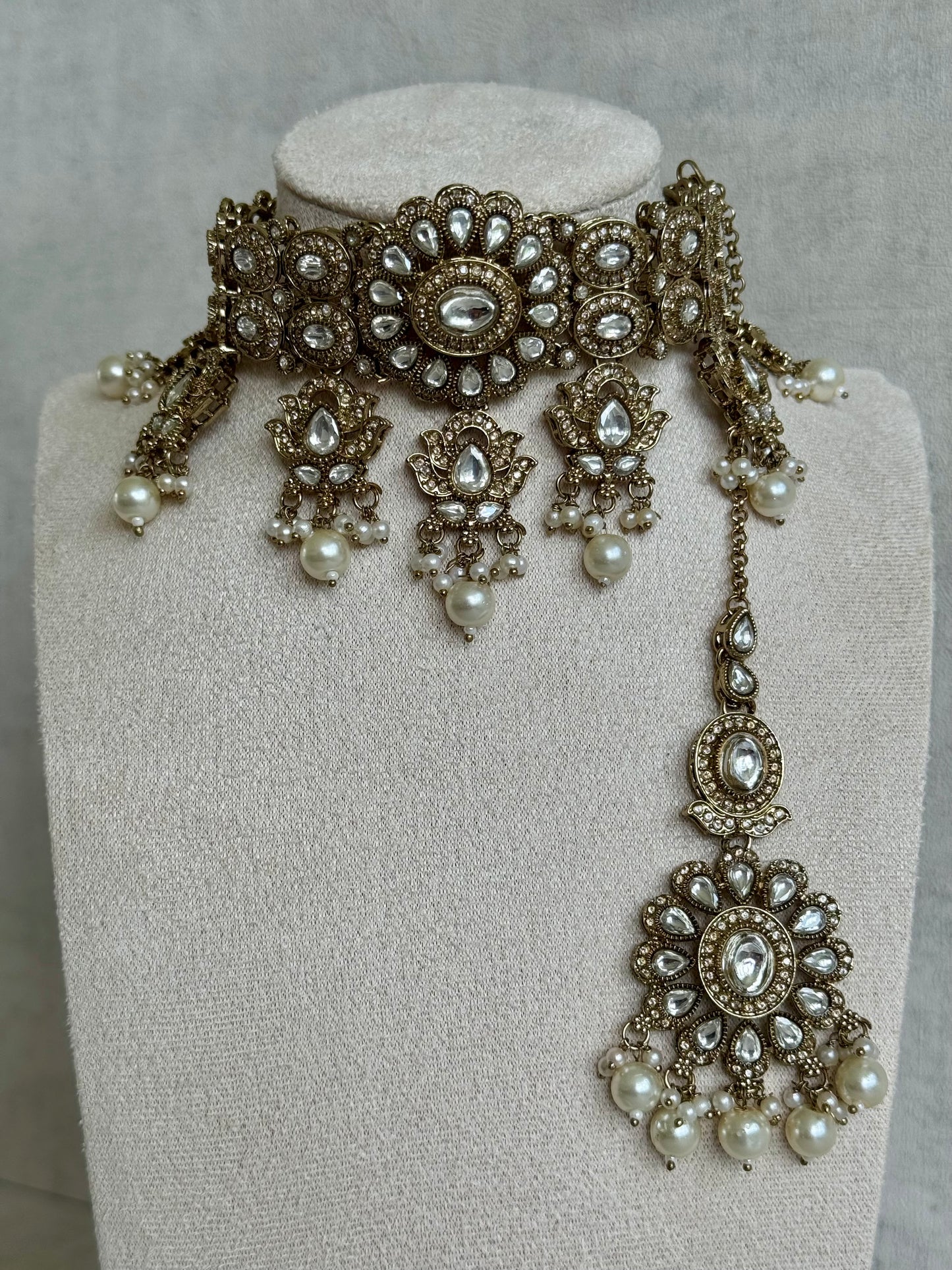 Ayura Designs Nevaya Set with Choker, Earrings & Tikka – Antique Gold with Mirror-Cut Stones & Pearl Drops
