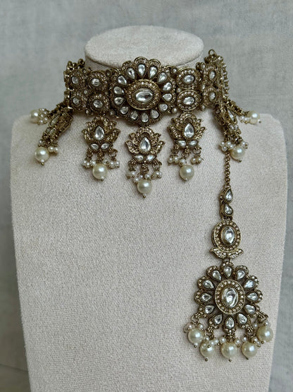 Ayura Designs Nevaya Set with Choker, Earrings & Tikka – Antique Gold with Mirror-Cut Stones & Pearl Drops