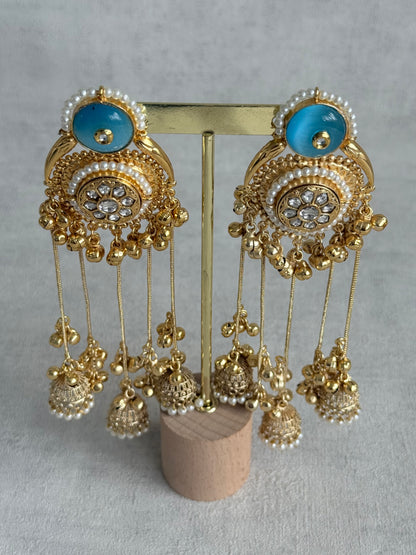 Ayura Designs Shagan Earrings – Aqua Blue Statement Earrings with Multi Jhumki Drops, Pearl Detailing & Ghungroo Accents