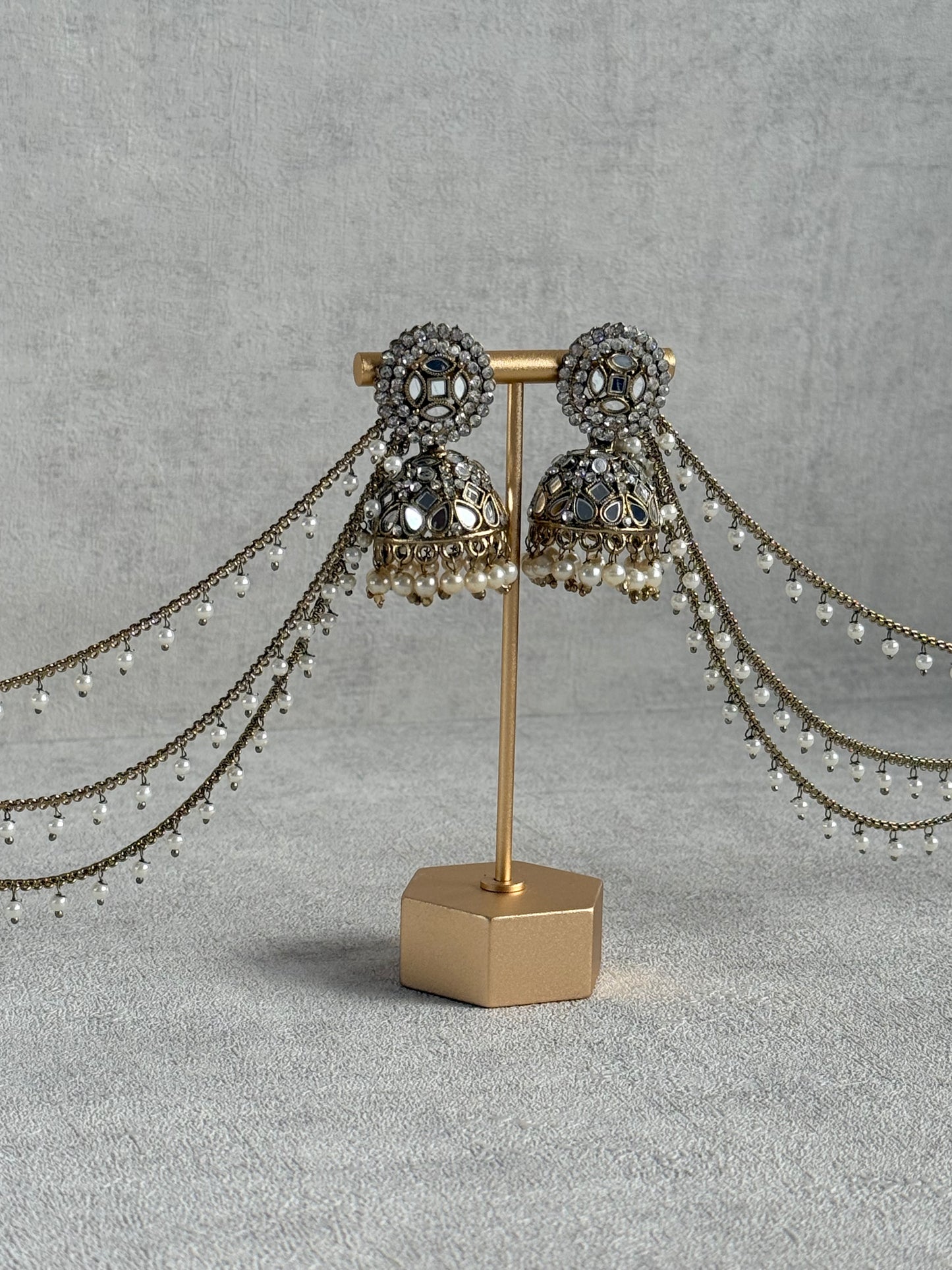 Ayura Designs Aaina Jhumkis – Antique Gold Mirror & Crystal Earrings with Detachable Triple-Layer Pearl Sahare