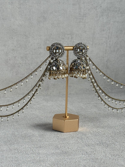 Ayura Designs Aaina Jhumkis – Antique Gold Mirror & Crystal Earrings with Detachable Triple-Layer Pearl Sahare