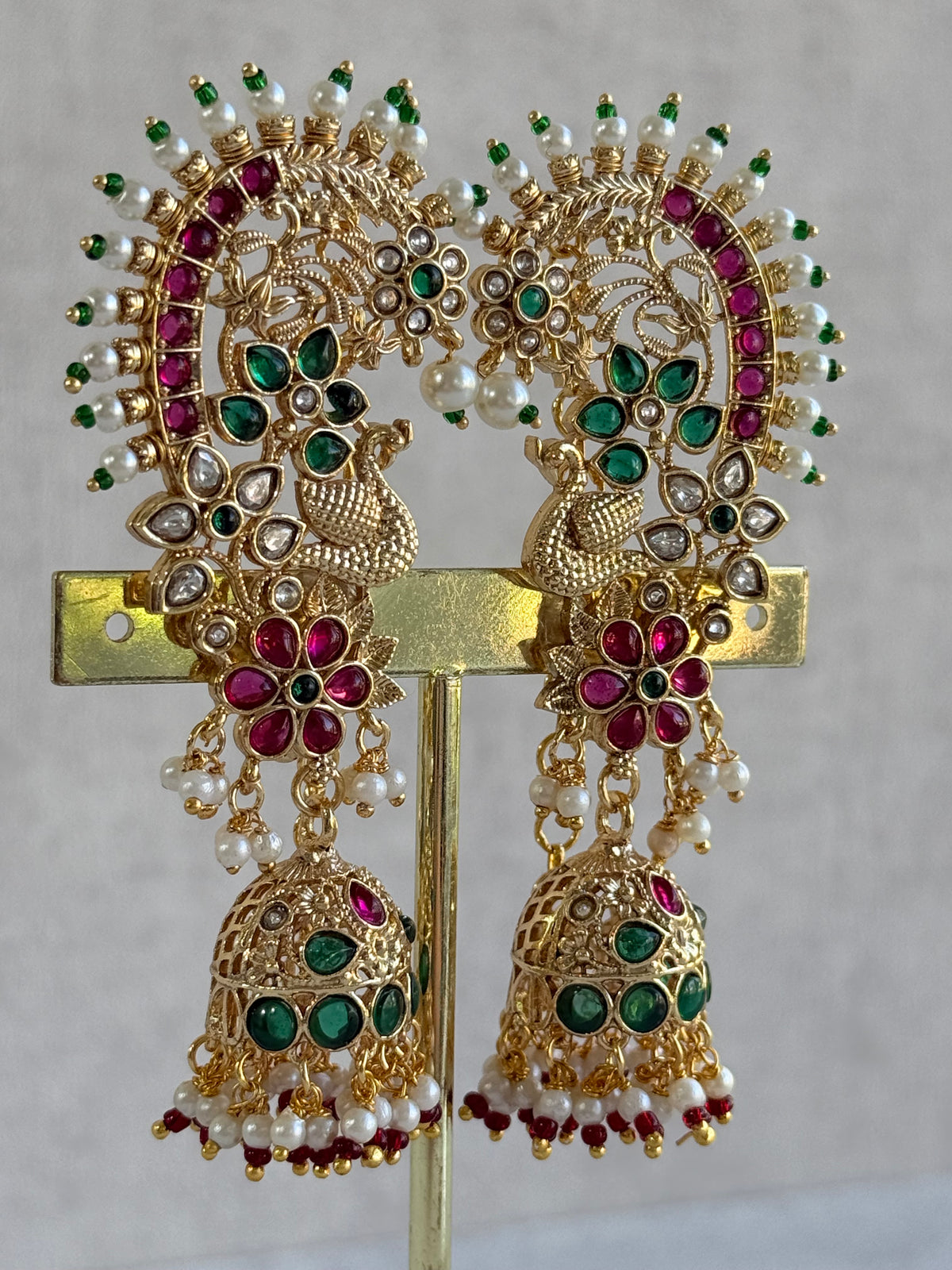 Ayura Designs Nitya Kaanphool Jhumkis – Gold Half Ear Cuff Earrings, Peacock Motifs, Pink & Emerald Green Kundan, Pearl Drops & Sahare