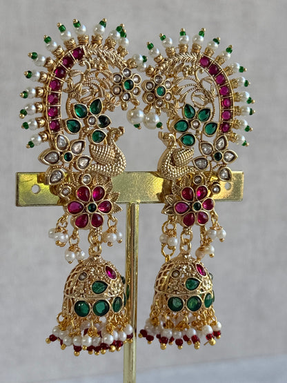 Ayura Designs Nitya Kaanphool Jhumkis – Gold Half Ear Cuff Earrings, Peacock Motifs, Pink & Emerald Green Kundan, Pearl Drops & Sahare