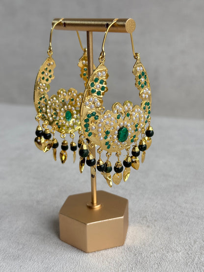Ayura Designs Nimrat Balis – Emerald Green & Ivory Pearls with Pippal Patti & Gold Finish