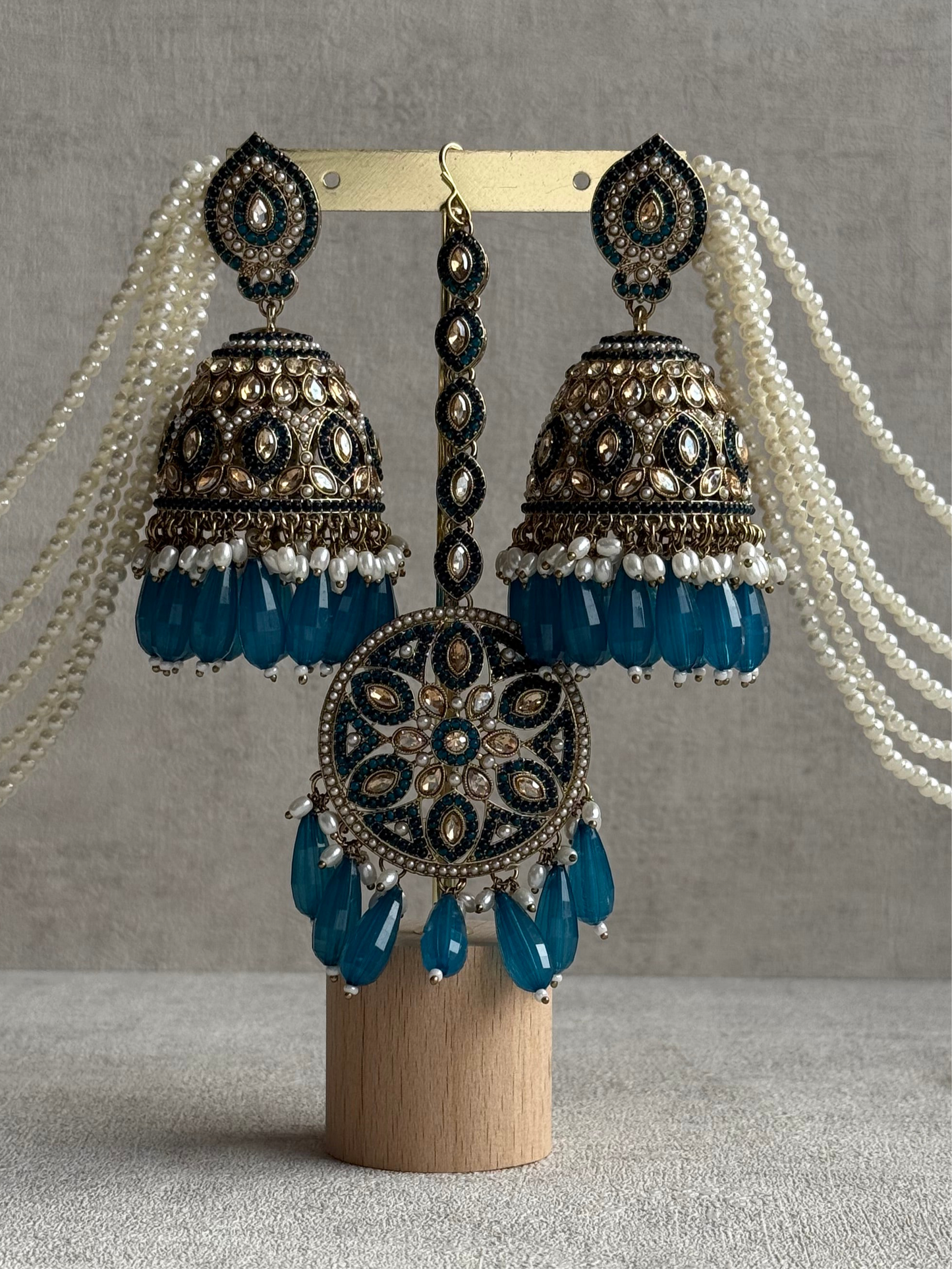 Ayura Designs Amrita Set – Jhumkis with Sahare & Tikka in Magenta, Pearls and Antique Gold Finish