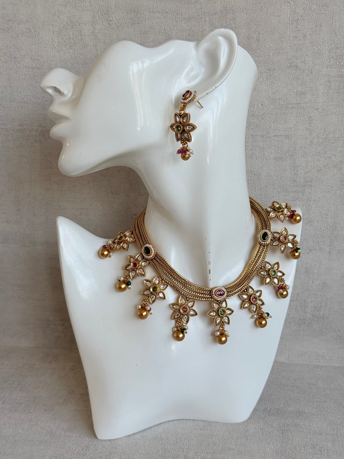 Ayura Designs Daksha Necklace Set with Earrings – Gold Layered Chain Necklace with Ruby Pink & Emerald Green Kundan Floral Motifs