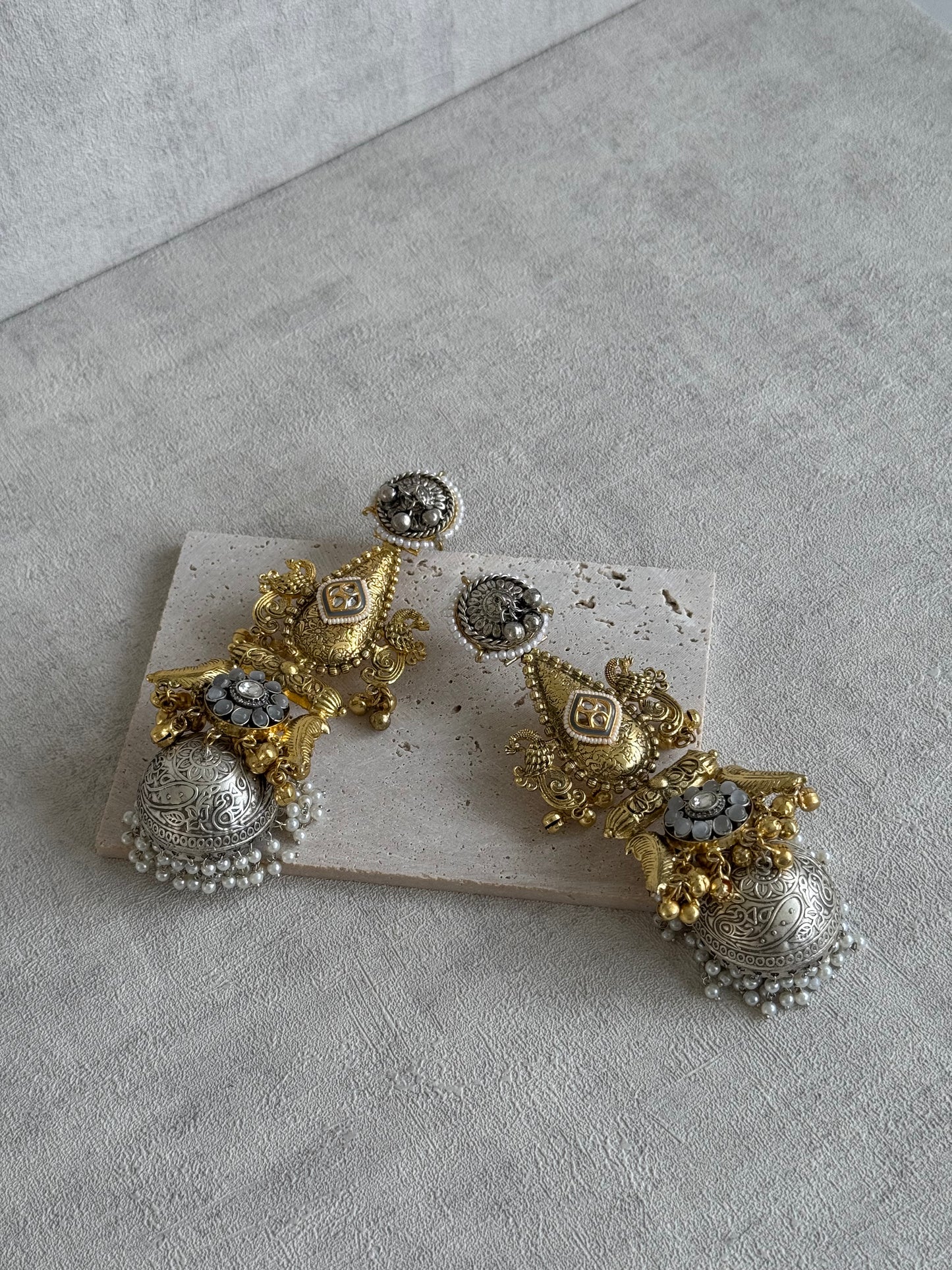 Ayura Designs Nooreh Earrings – Dual-Tone Oxidised Silver & Antique Gold with Bird Motifs, Kundan Detailing & Pearl-Draped Jhumkas
