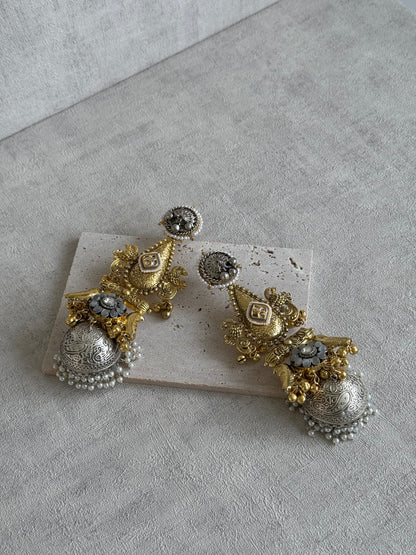 Ayura Designs Nooreh Earrings – Dual-Tone Oxidised Silver & Antique Gold with Bird Motifs, Kundan Detailing & Pearl-Draped Jhumkas