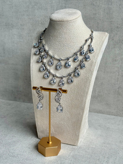 Ayura Designs Nida Set with Necklace & Earrings – Clear Crystal Stones, Diamond-Cut Detailing & Silver Finish