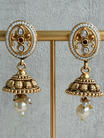 Ayura Designs Laina Necklace Set with Jhumkis – Kundan & Rani Pink Stones, Pearls & Antique Gold Finish