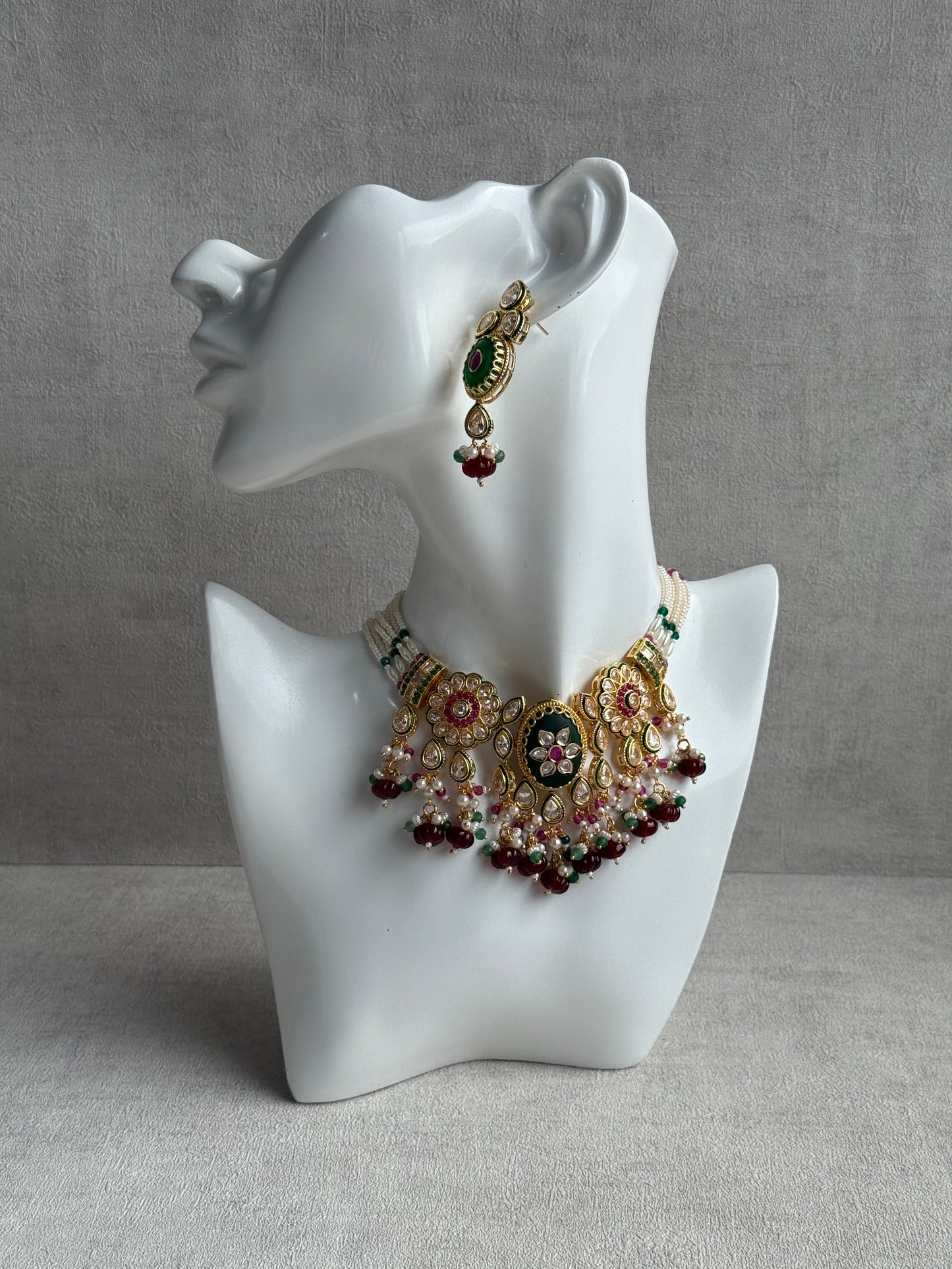 Ayura Designs Kavia Set – Necklace & Earrings with Kundan Stones, Green Enamel, Ruby & Emerald Beads, and Pearl Detailing