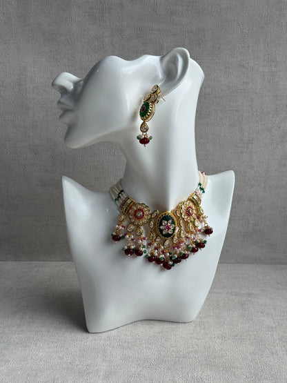 Ayura Designs Kavia Set – Necklace & Earrings with Kundan Stones, Green Enamel, Ruby & Emerald Beads, and Pearl Detailing