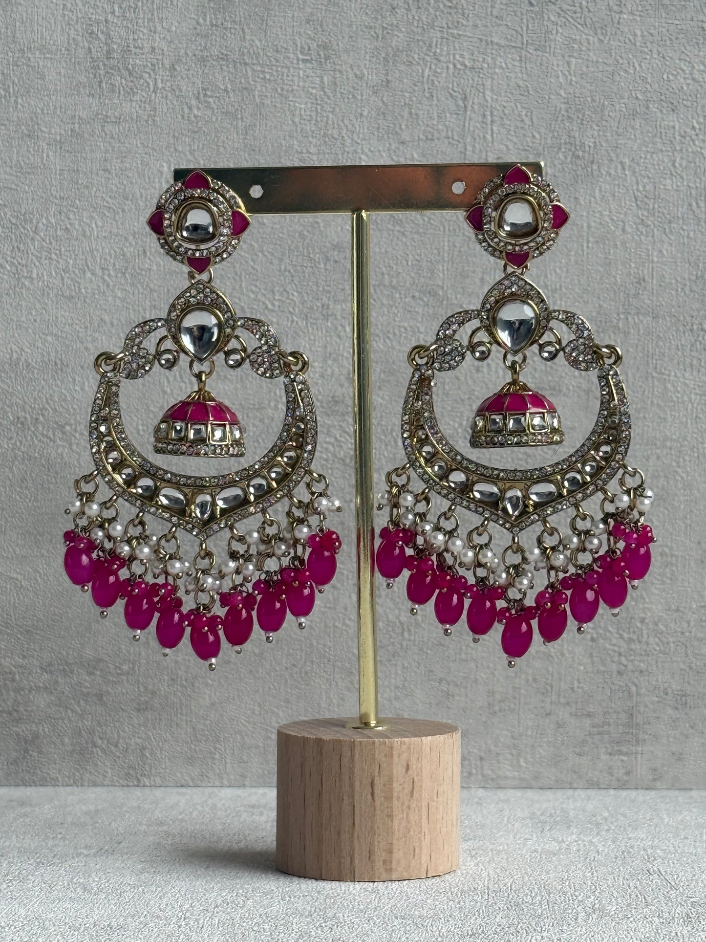 Ayura Designs Reha Earrings – Statement Chandbalis with Hot Pink Beads, Pearls & Mirror-Cut Stones