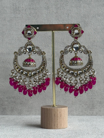 Ayura Designs Reha Earrings – Statement Chandbalis with Hot Pink Beads, Pearls & Mirror-Cut Stones
