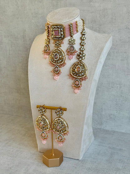 Ayura Designs Zarmeen Choker Set with Earrings & Tikka – Mirror-Cut Stones, Antique Gold Finish and Blush Pink Beads