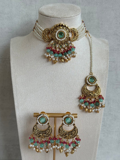 Ayura Designs Mehr Choker Set with Earrings & Tikka – Mint Green Stones, Ruby Pink Beads, Pearl Strands & Antique Gold Finish