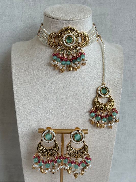 Ayura Designs Mehr Choker Set with Earrings & Tikka – Mint Green Stones, Ruby Pink Beads, Pearl Strands & Antique Gold Finish