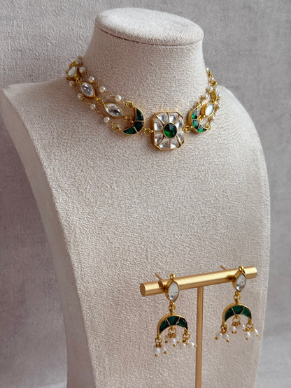 Ayura Designs Mahi Choker Set with Earrings – Meenakari Kundan Emerald Green & Ivory Detailing