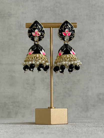 Ayura Designs Gia Jhumkis – Midnight Black Meenakari with Pink Lotus Motifs & Ivory Pearl Drops