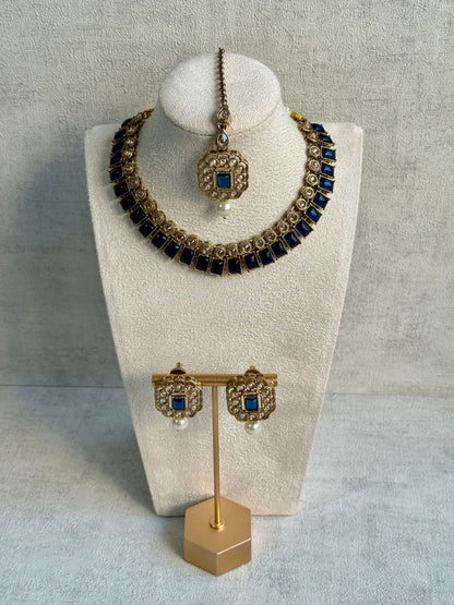 Ayura Designs Dania Set with Necklace, Stud Earrings & Tikka – Midnight Blue Stones, Pearl Drops & Antique Gold Finish