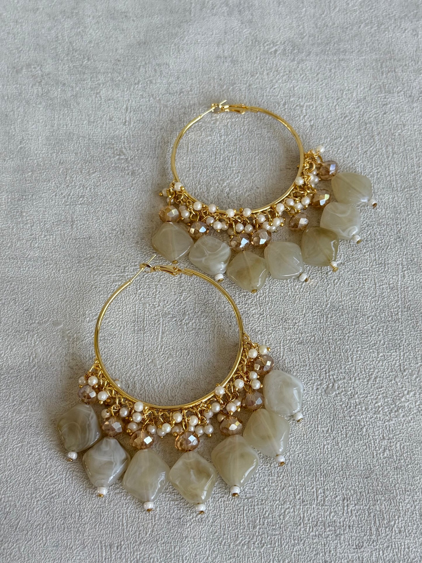 Ayura Designs Heer Balis – Gold Hoops with Cashmere Marble Beads, Pearls & Crystal Detailing