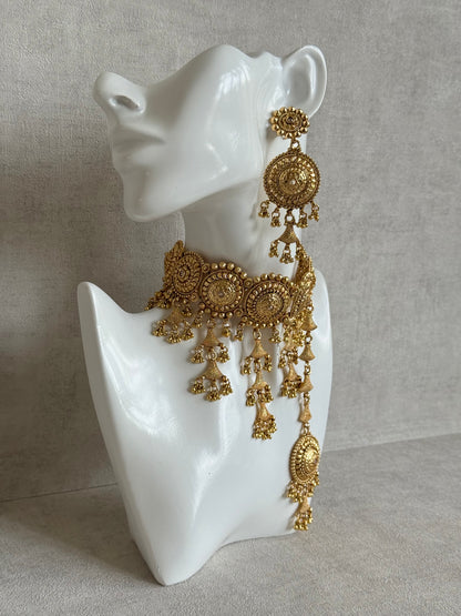 Ayura Designs Farzeena Choker Set with Earrings & Tikka – Traditional Gold Tone Waterfall Jewellery Set with Ghungroo Detailing