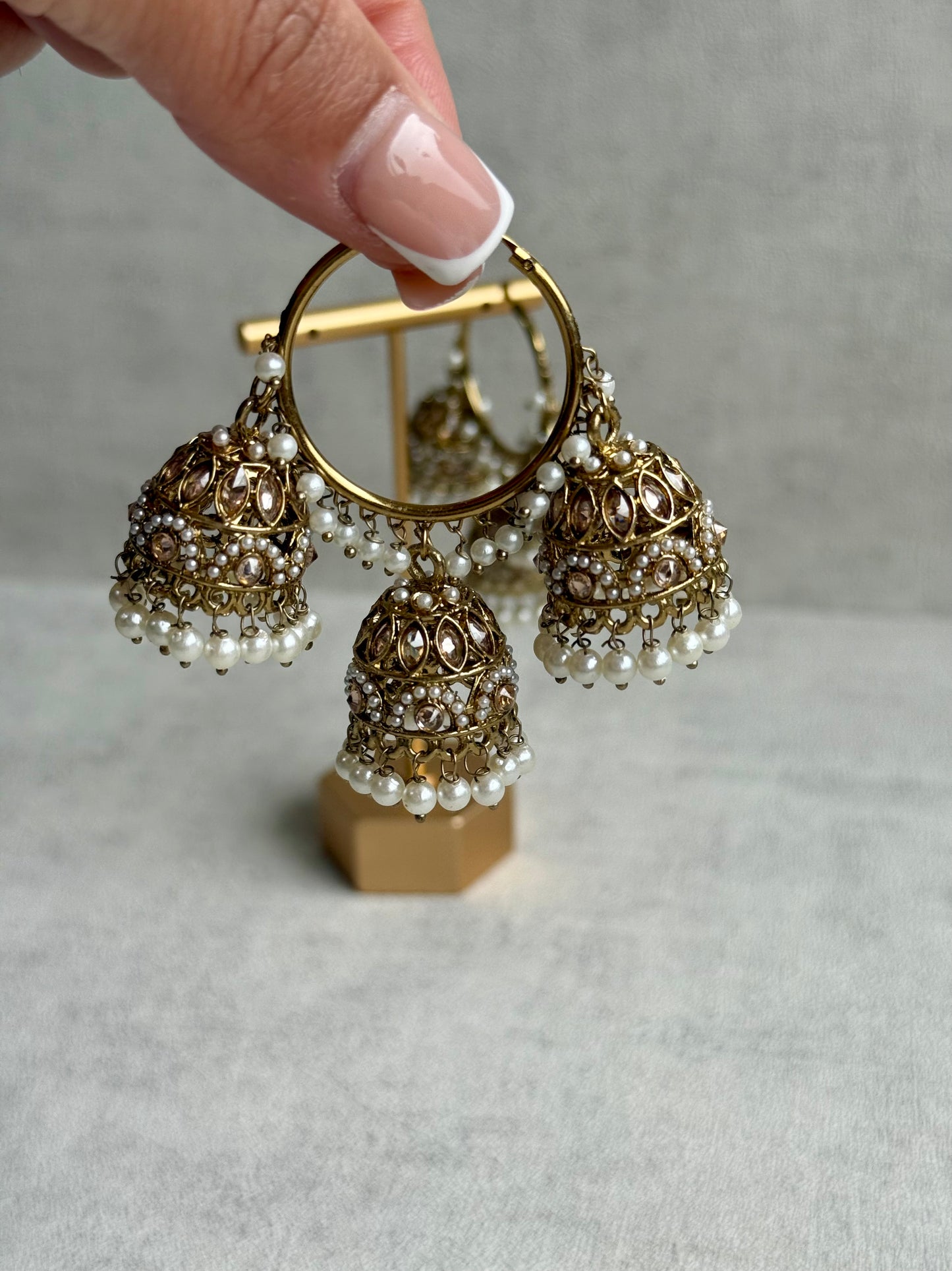 Ayura Designs Nakhra Balis – Ivory Triple Dome Earrings with Pearl Clusters & Mirror-Cut Detailing