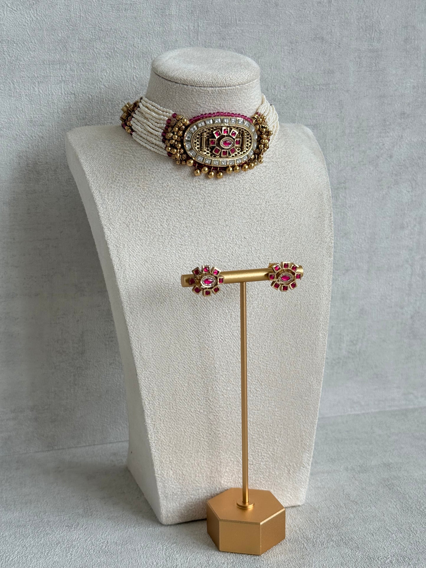 Ayura Designs Amiri Choker Set with Stud Earrings – Ruby Pink Stones, Pearl Strands & Moissanite Detailing