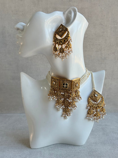 Ayura Designs Samera Choker Set with Earrings & Tikka – Ivory Beads, Pearl Detailing, Green Centre Stone, Floral Motifs & Antique Gold Finish