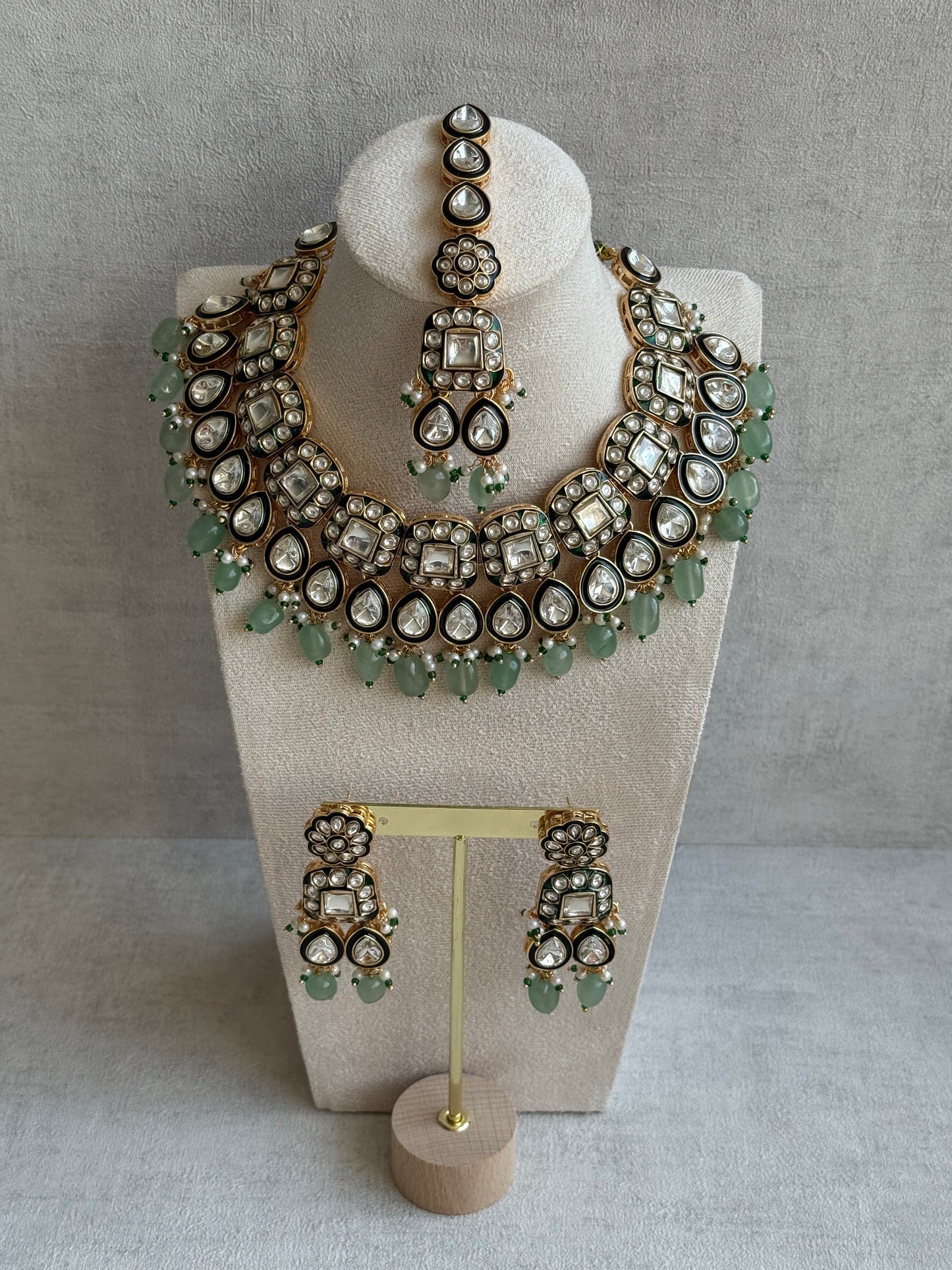 Ayura Designs Salma Set – Necklace, Earrings & Tikka with Mirror-Cut Kundan, Mint Green Beads, Emerald Green Meenakari & Gold Finish
