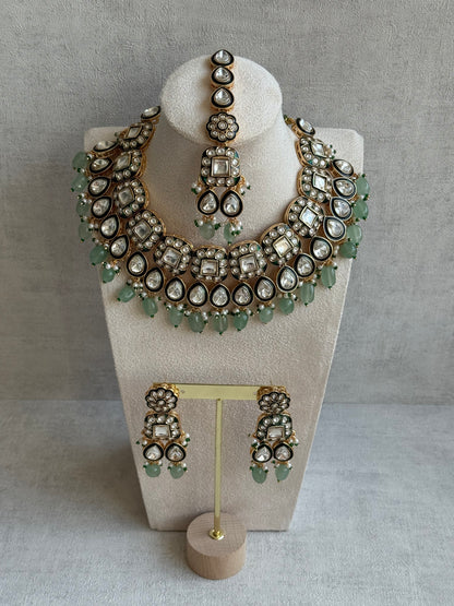 Ayura Designs Salma Set – Necklace, Earrings & Tikka with Mirror-Cut Kundan, Mint Green Beads, Emerald Green Meenakari & Gold Finish