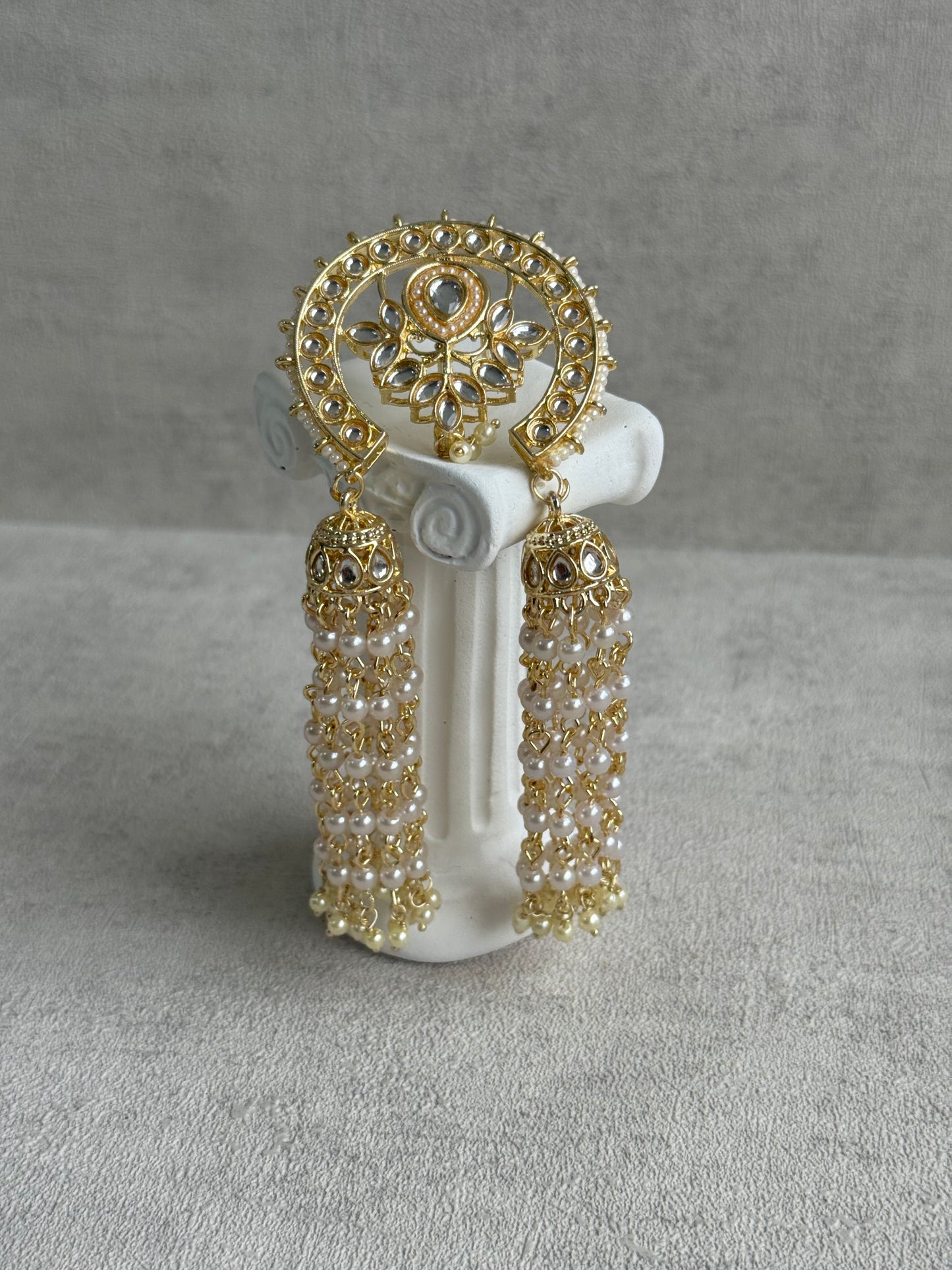 Ayura Designs Kamya Hair Brooch – Polki Crescent with Pearl Tassels in Gold Finish
