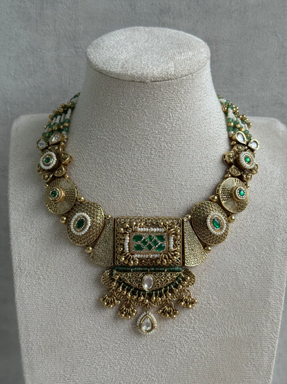 Ayura Designs Purvi Set – Necklace & Earrings with Antique Gold Filigree, Emerald & Pearl Detailing