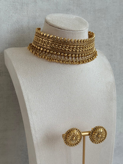 Ayura Designs Tavnoor Choker Set with Stud Earrings – Antique Gold Statement Choker with Traditional Bead Detailing