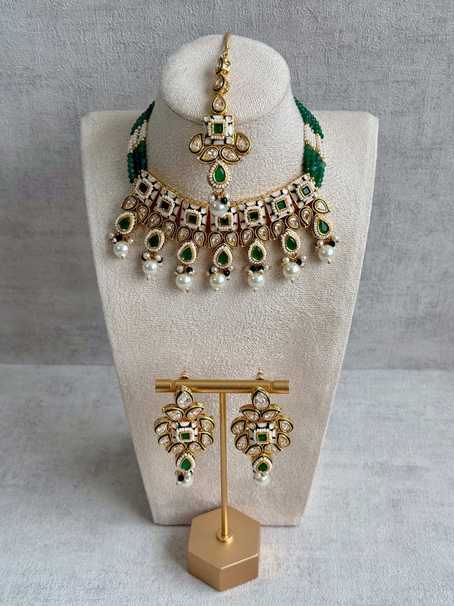 Ayura Designs Jiara Set – Necklace, Earrings & Tikka with Mirror-Cut Stones, Emerald Green & Pearl Detailing