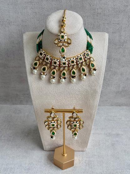 Ayura Designs Jiara Set – Necklace, Earrings & Tikka with Mirror-Cut Stones, Emerald Green & Pearl Detailing