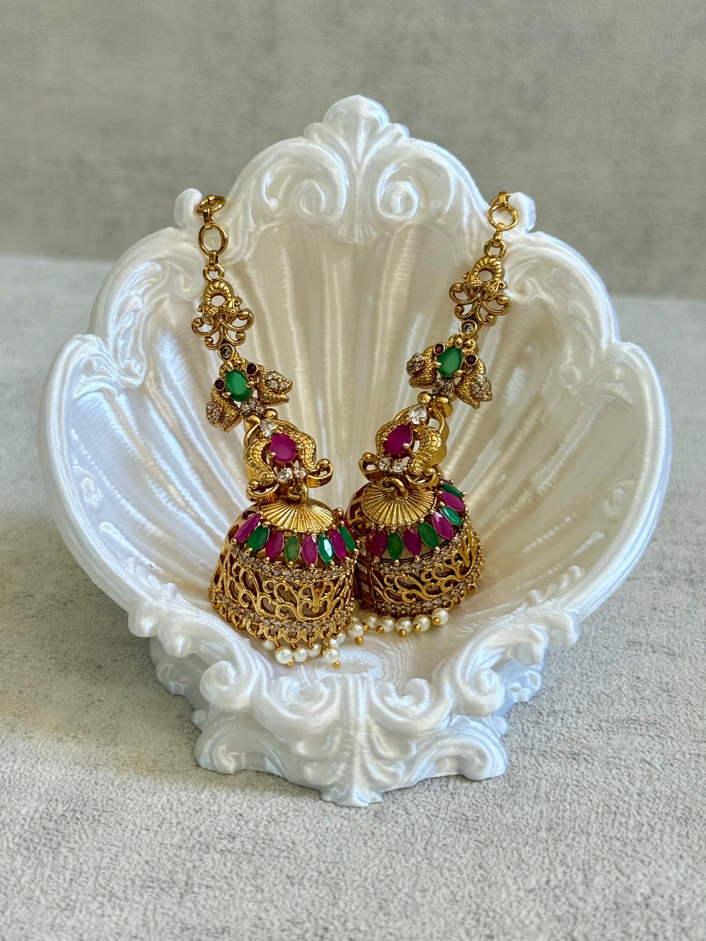 Ayura Designs Alar Jhumkis – Ear Climber in Antique Gold with Emerald & Pink Stones and Pearl Drops