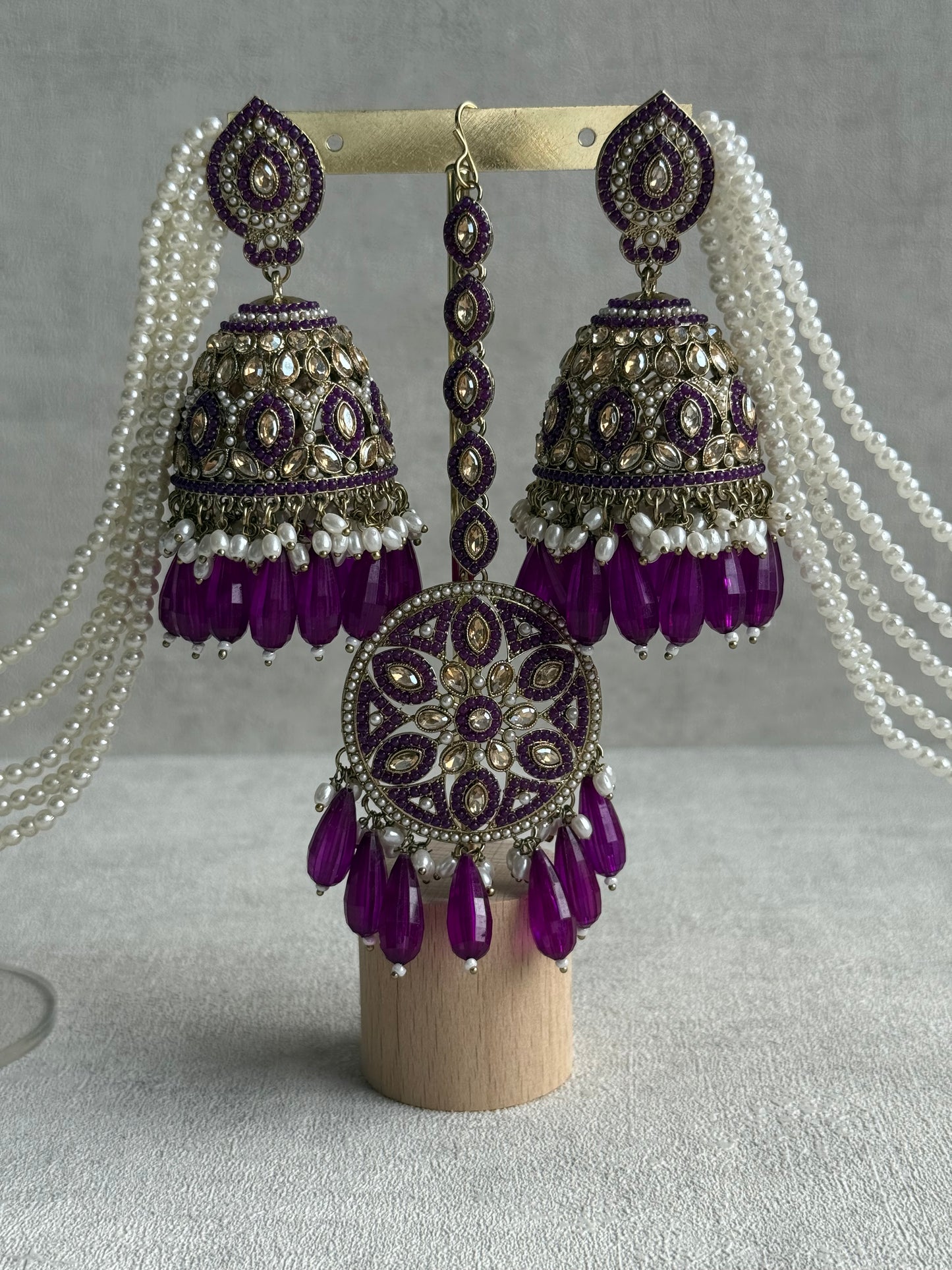 Ayura Designs Amrita Set – Jhumkis with Sahare & Tikka in Berry Purple, Pearls and Antique Gold Finish