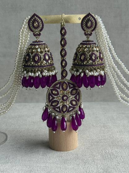 Ayura Designs Amrita Set – Jhumkis with Sahare & Tikka in Berry Purple, Pearls and Antique Gold Finish