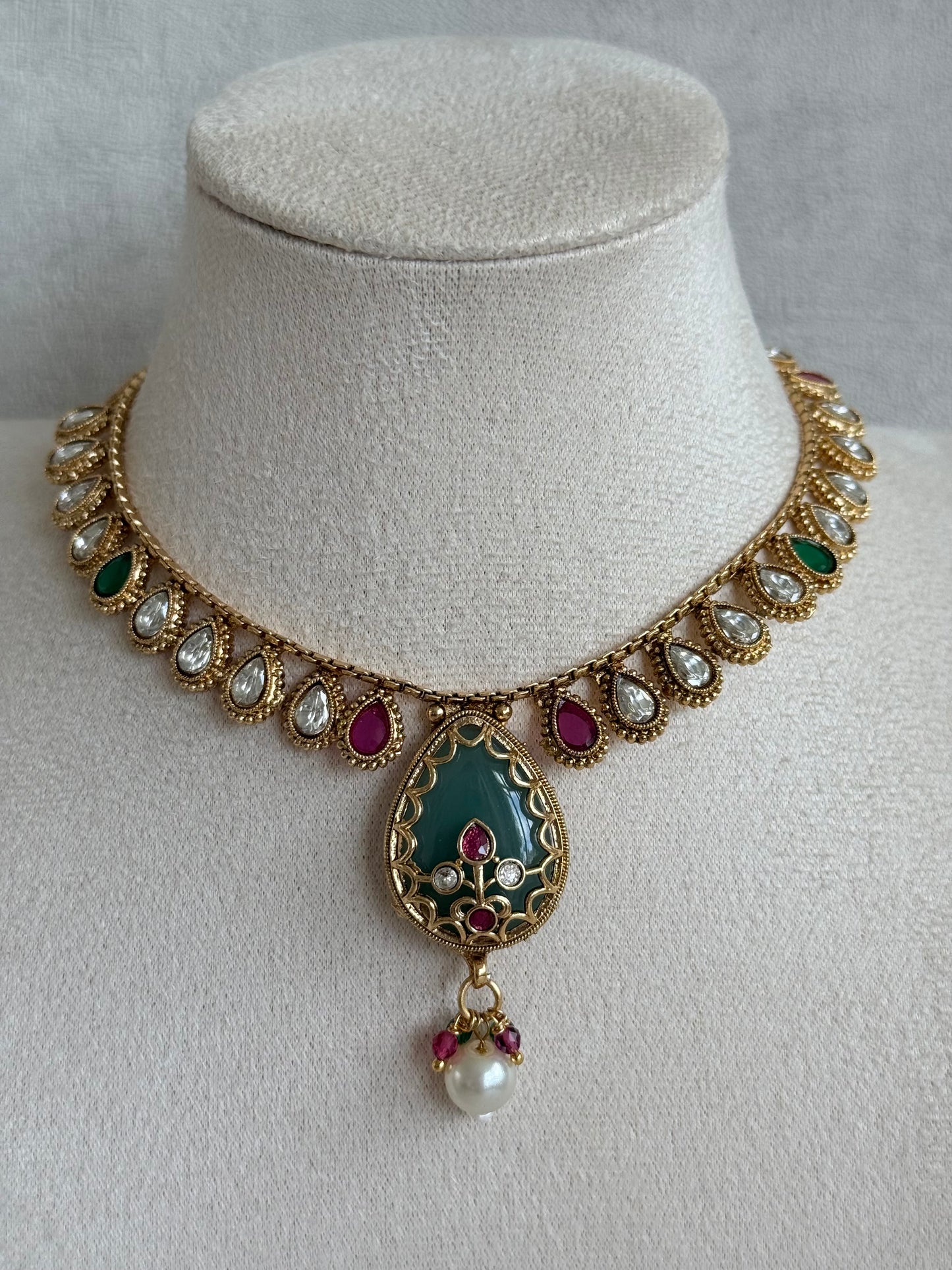 Ayura Designs Lamees Necklace Set with Earrings – Green Enamel, Emerald Green & Ruby Pink Stones with Pearl Drops