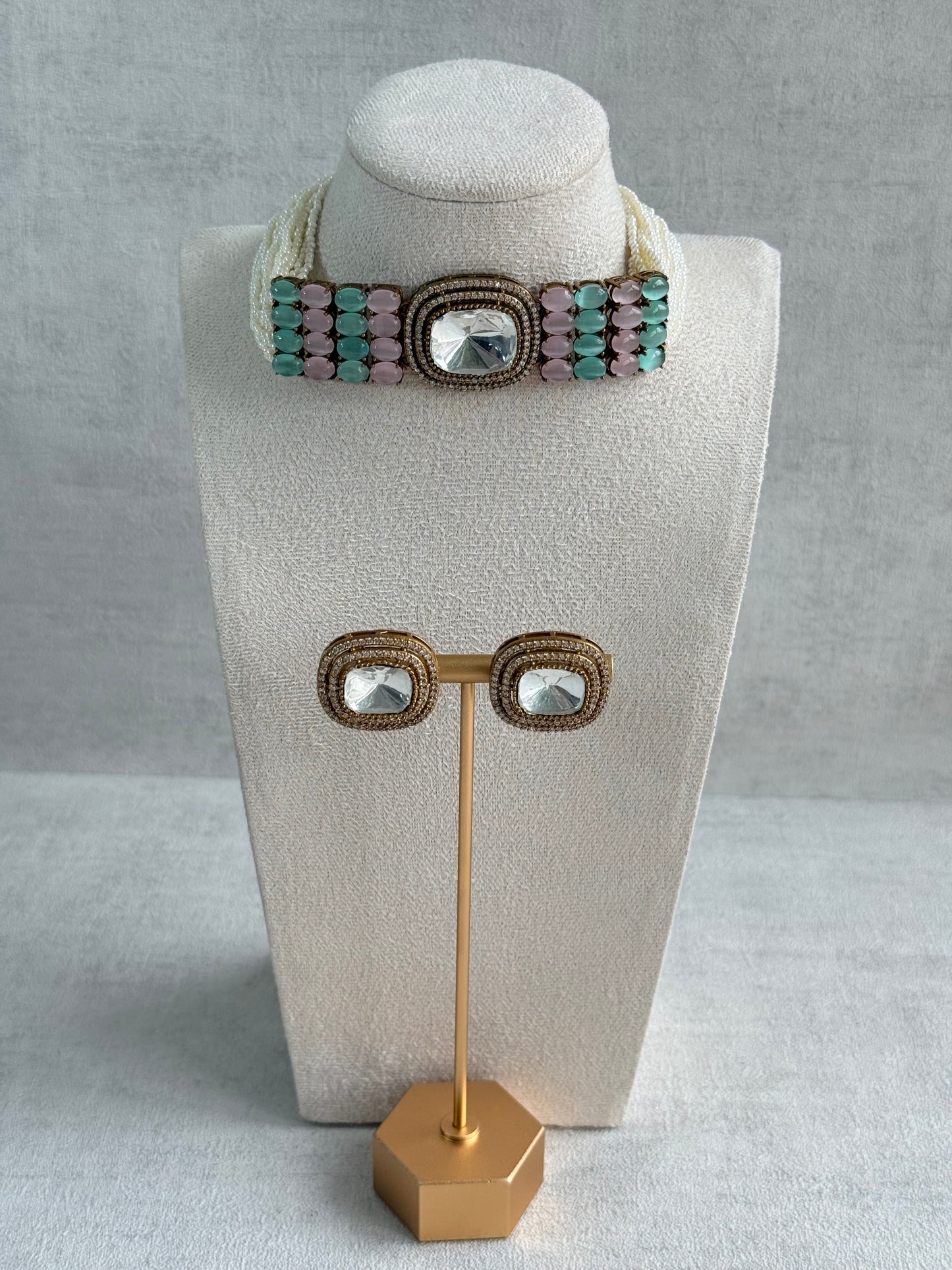 Ayura Designs Emma Choker Set – Mint Green & Blush Pink Gemstone Choker & Studs with Mirror-Cut Centrepiece, Pearl Strands & Crystal Borders