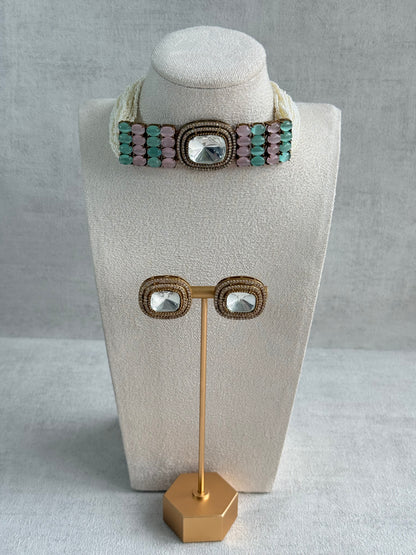 Ayura Designs Emma Choker Set – Mint Green & Blush Pink Gemstone Choker & Studs with Mirror-Cut Centrepiece, Pearl Strands & Crystal Borders