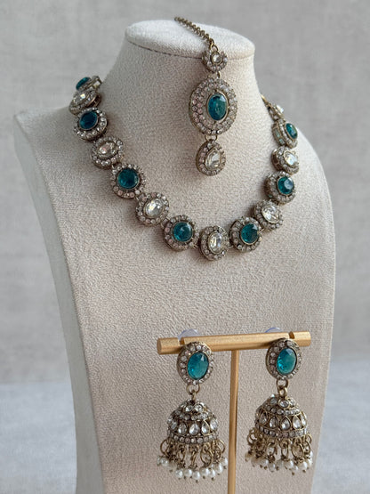 Ayura Designs Eira Necklace Set with Earrings & Tikka – Teal & Crystal Stones with Antique Gold Finish