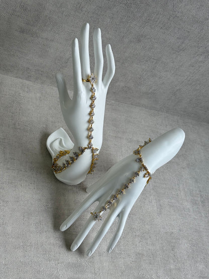 Ayura Designs Aagya Haathphool – Set of 2 Gold & Silver Ring-Bracelet Chains with Floral Diamond-Cut Detailing