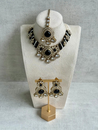 Ayura Designs Rahi Necklace Set with Earrings & Tikka – Black Stones with Mirror-Cut Detailing & Pearl Strands