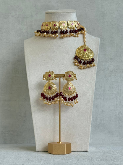 Ayura Designs Chetna Choker Set with Earrings & Tikka – Maroon Beads, Cream Pearl Drops with Pipal Patti Detailing