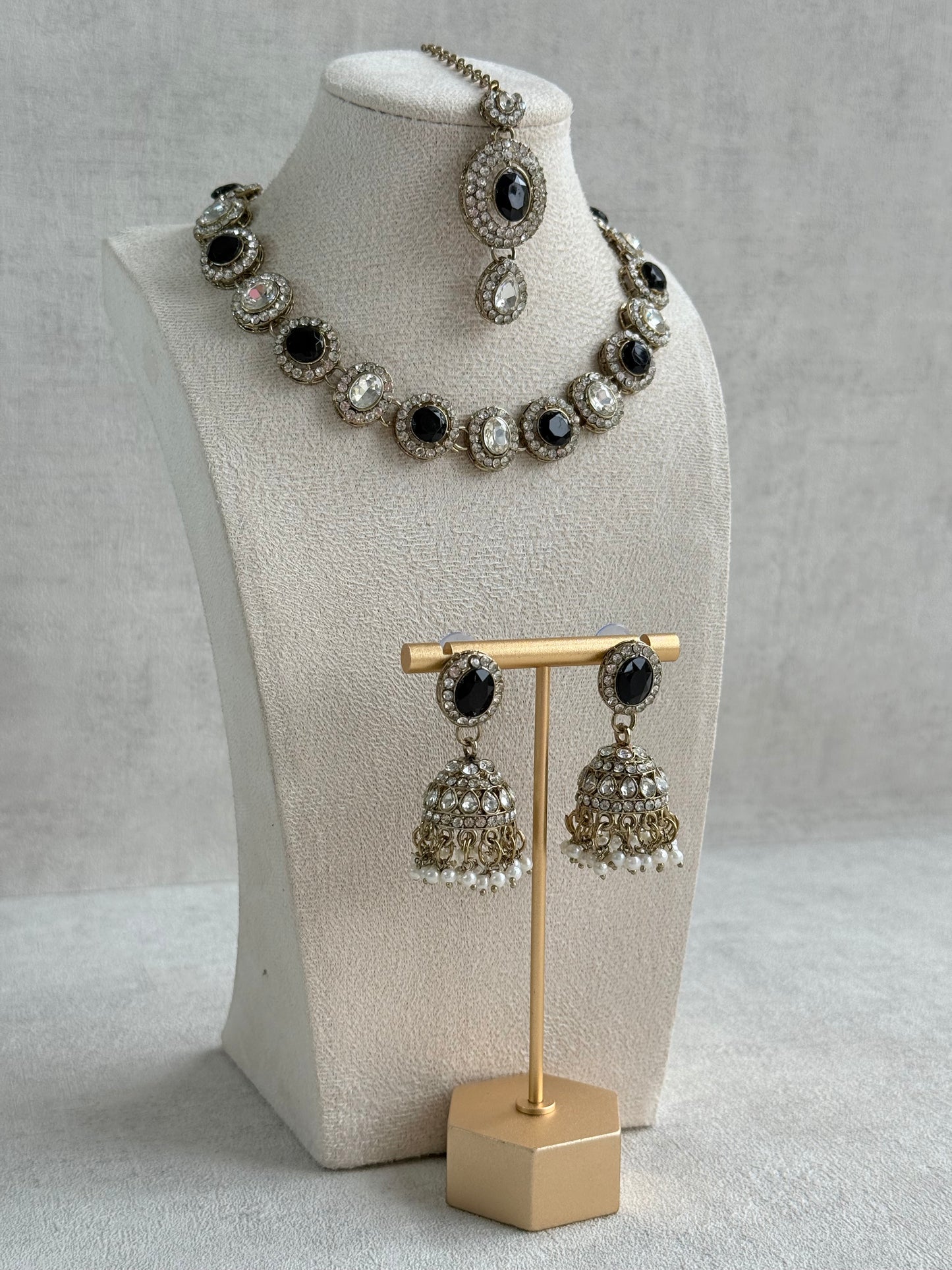 Ayura Designs Eira Necklace Set with Earrings & Tikka – Black & Crystal Stones with Antique Gold Finish