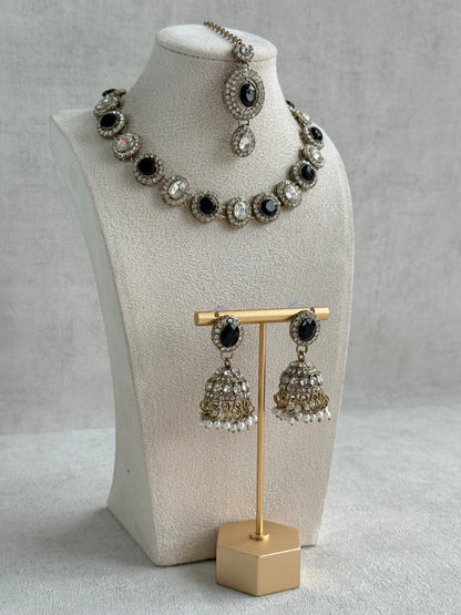 Ayura Designs Eira Necklace Set with Earrings & Tikka – Black & Crystal Stones with Antique Gold Finish