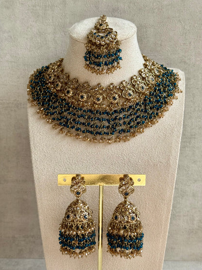 Ayura Designs Mahreen Set – Necklace, Jhumkis & Tikka with Mirror-Cut Stones, Peacock Blue Beads & Gold Finish